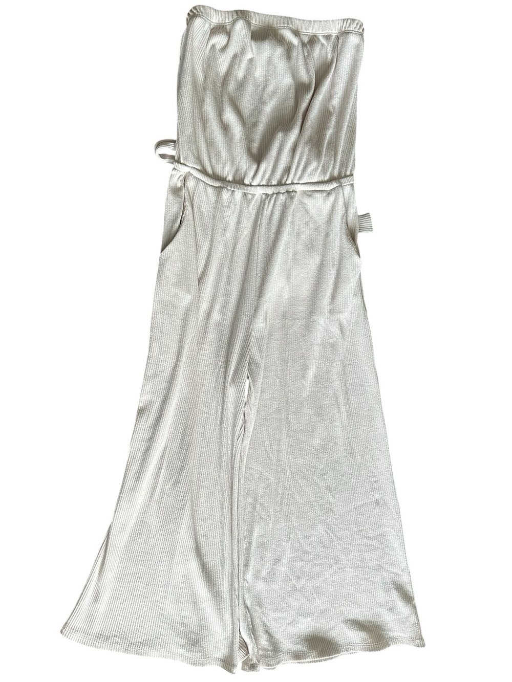 Strapless Cream Ribed Wide-Leg Jumpsuit - Picture 11 of 14